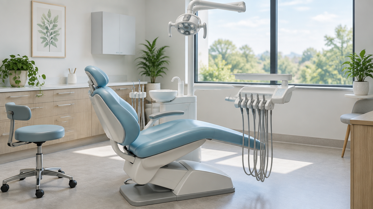 An empty modern dental surgery with a light blue dental chair