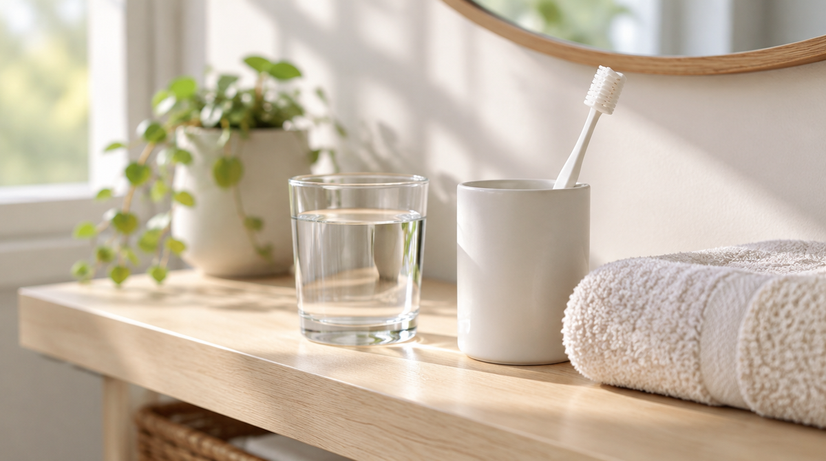 A tidy bathroom shelf with a glass of water, a toothbrush in a cup and a folded towel
