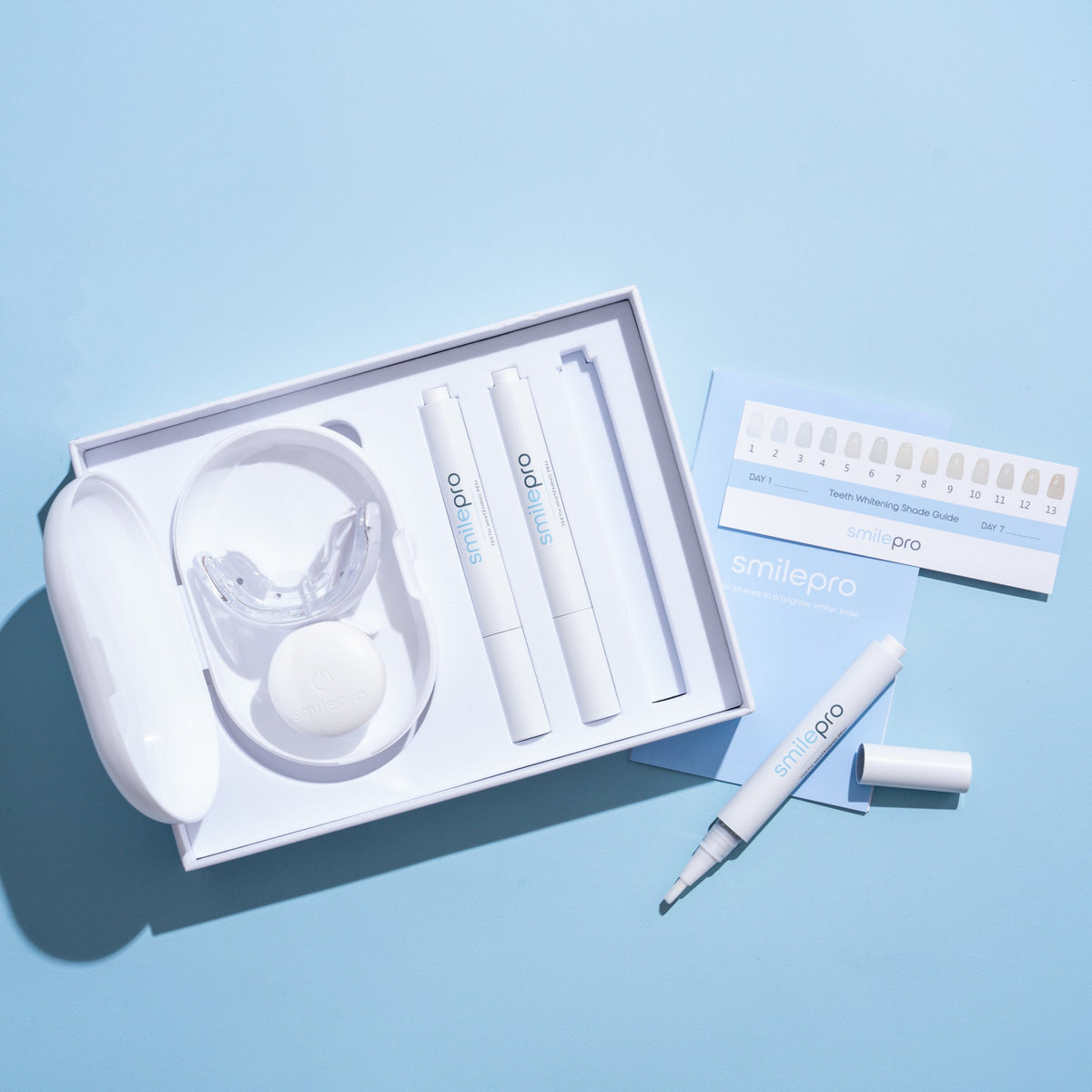 Avancerat kit för tandblekning med LED-ljus och blekningspennor märkta